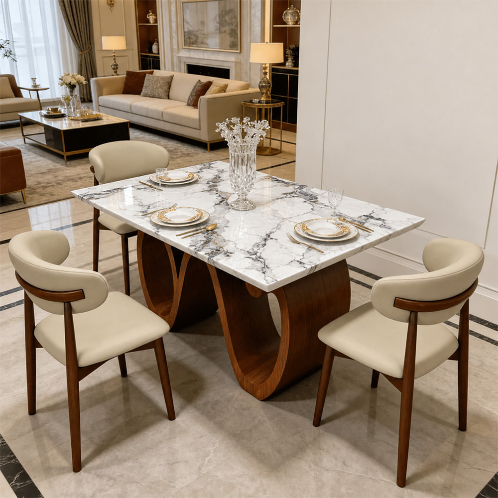Modern Sintered Stone Dining Table with Sculptural Solid Wood Base Kitchen Table for 6