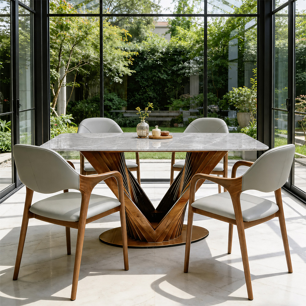 Luxury Sintered Stone Dining Table Kitchen Table With Artistic V-Shaped Solid Wood Base