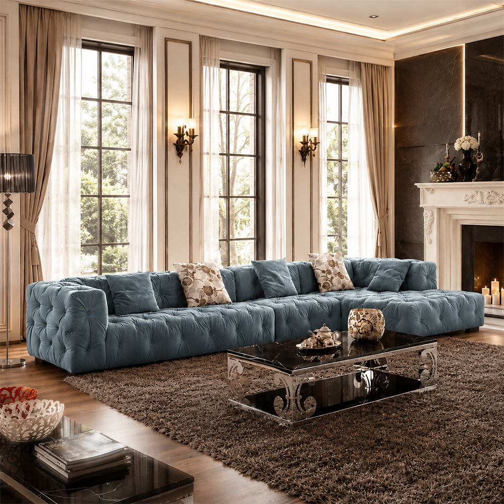 155.9" Two Tone Tufted Velvet Modular L Shape Sectional Sofa With Chaise For Luxury Villa