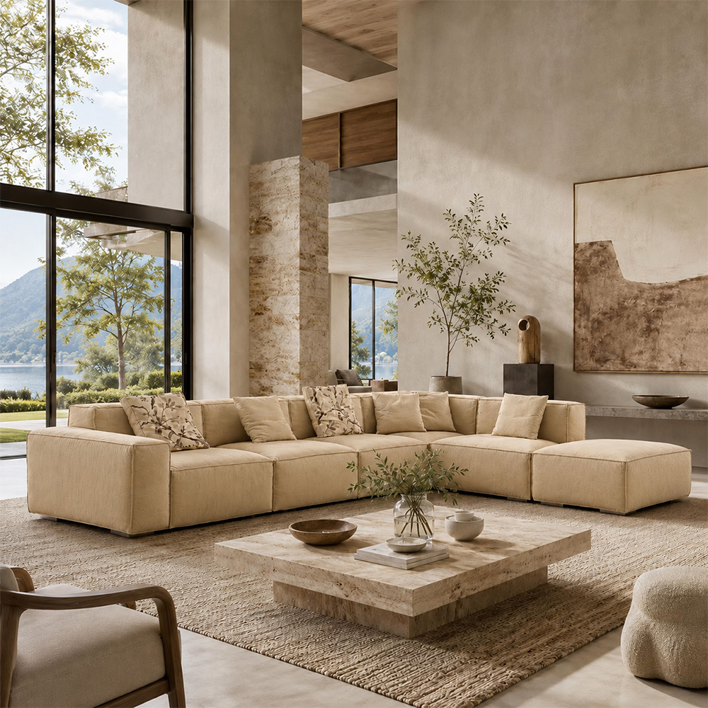 148.8“ Wabi Beige Linen Modular Sofa 3 Armless Seats Corner Footstool Set