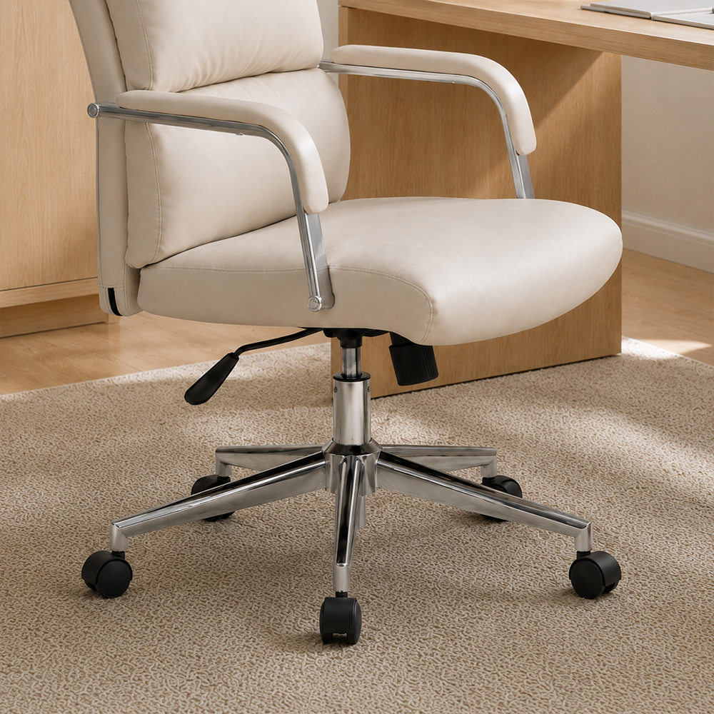 Modern Cream PU Leather Swivel Office Chair with Chrome Base