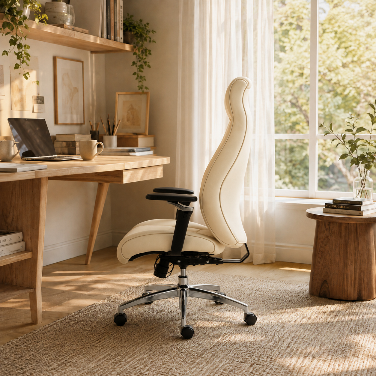Cream PU Leather Executive Office Chair With 6D Armrests