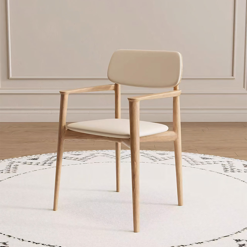 Natural Oak Frame Linen Faux Leather Armrest Nordic Dining Chair 1 Piece