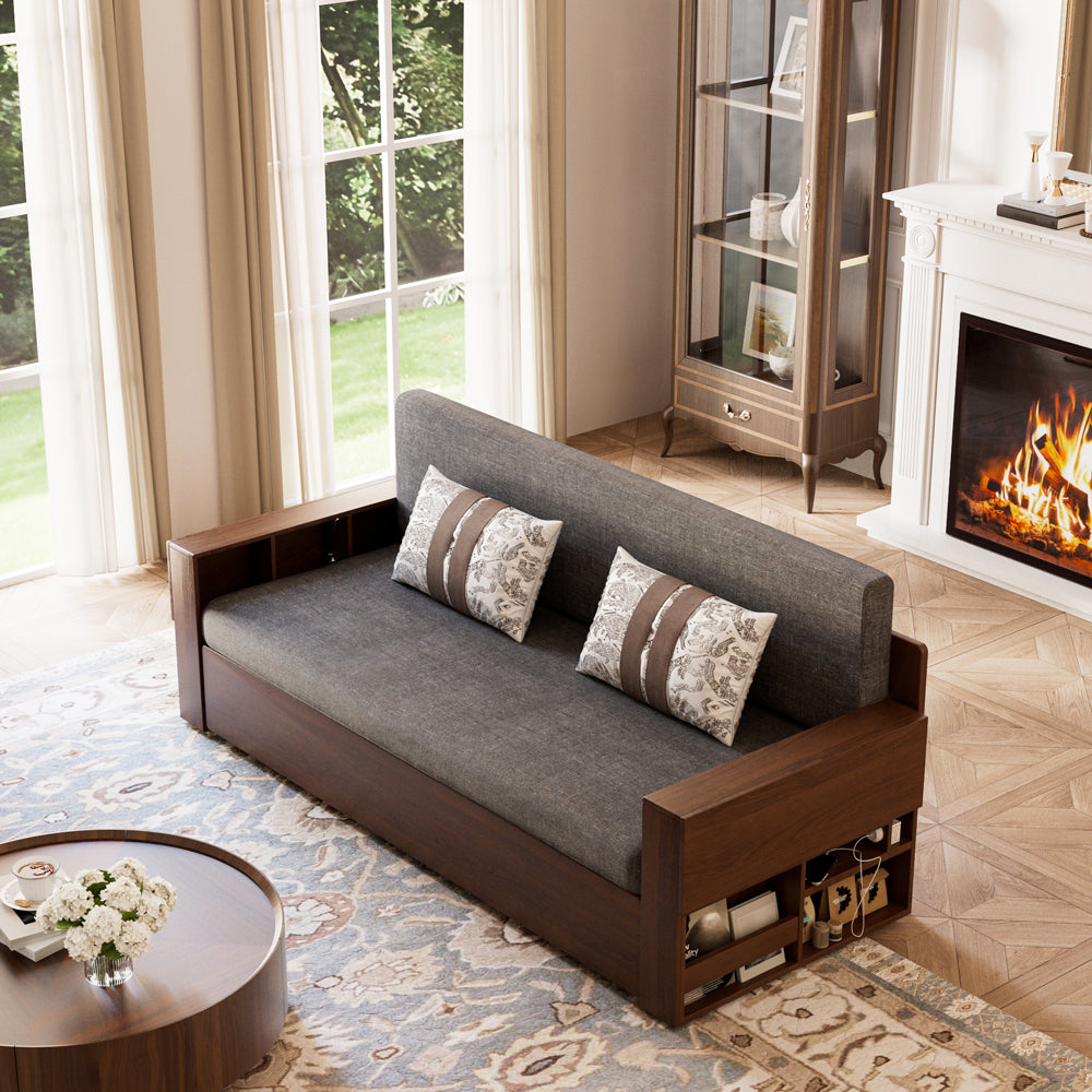 Side profile of the sofa bed showing sturdy legs and fabric finish