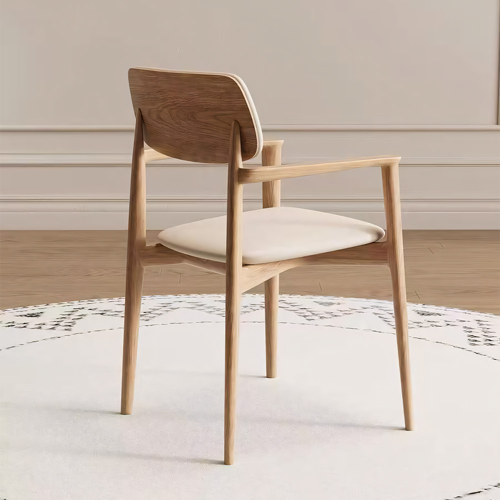 Natural Oak Frame Linen Faux Leather Armrest Nordic Dining Chair 1 Piece