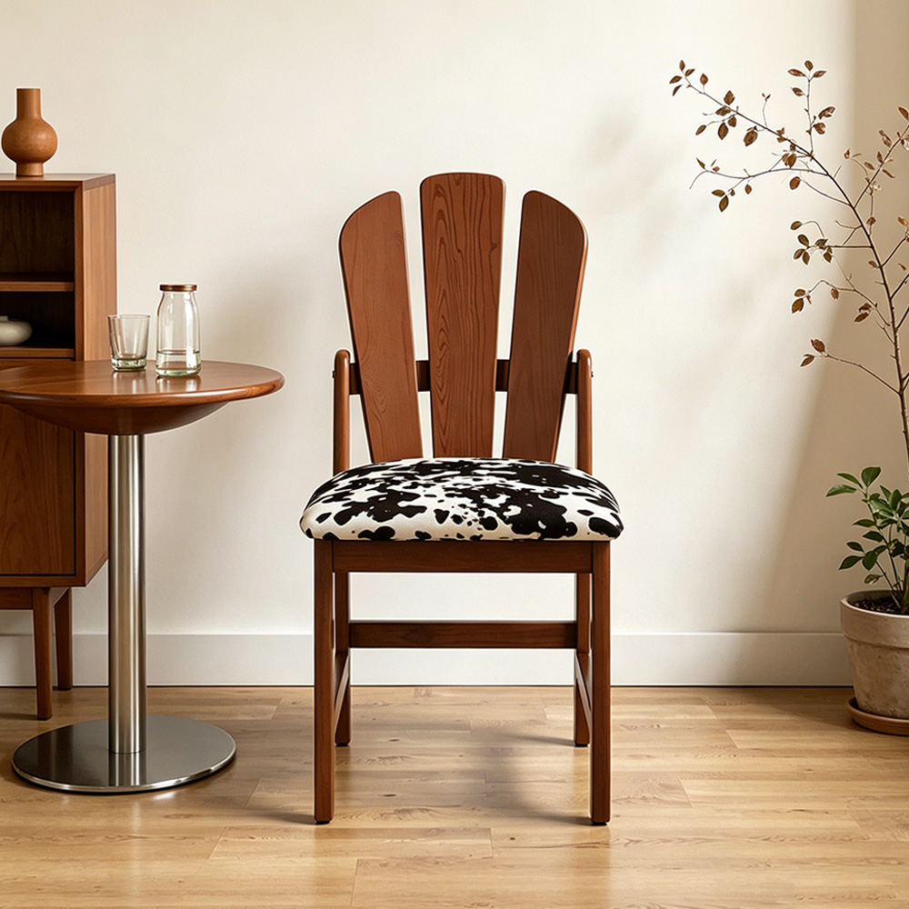 Three Slat Curved Back Solid Wood Printed Fabric Dining Chair 1 Piece
