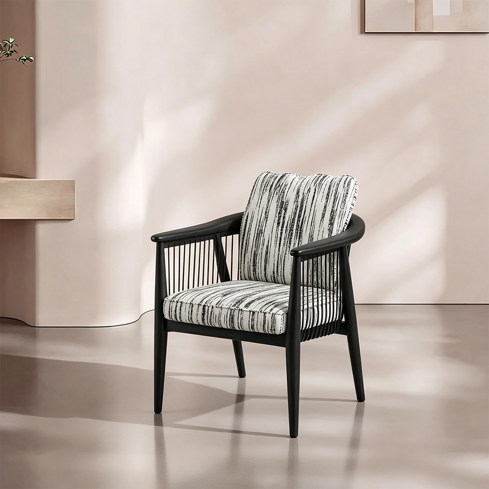 Modern Black Wooden Dining Chair with Armrests Minimalist Striped Upholstered Dining Armchair 1 Piece