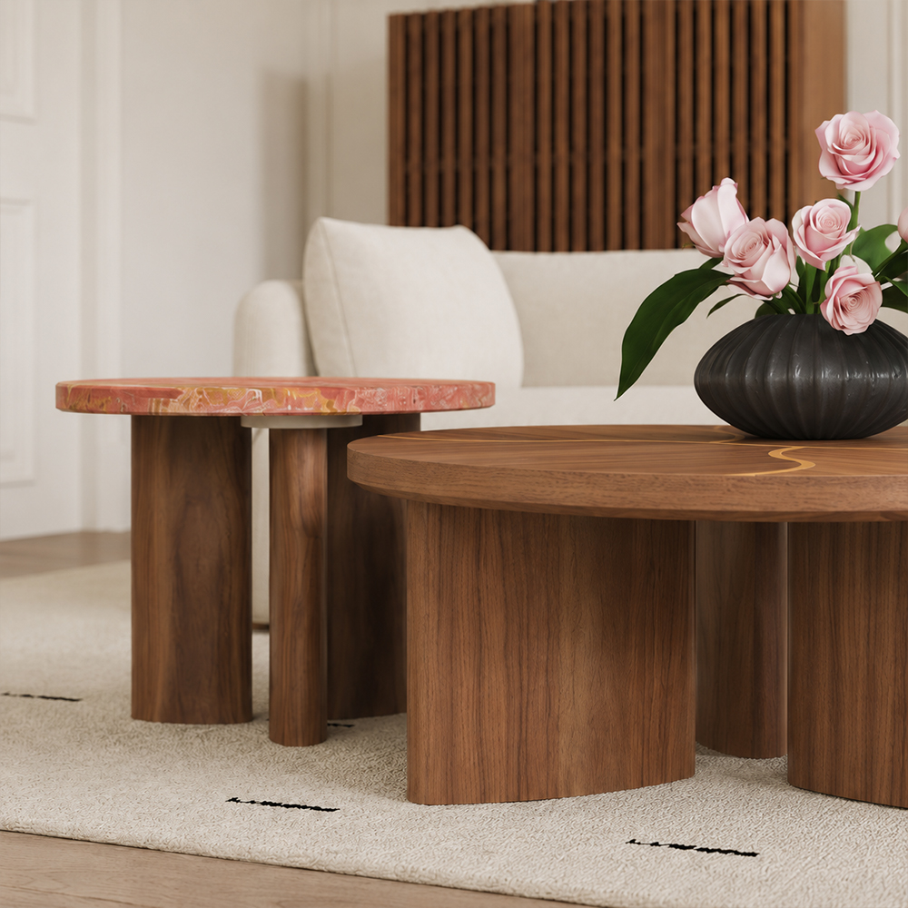 Nesting Round Coffee Table Set Walnut Veneer Red with Travertine Side Table