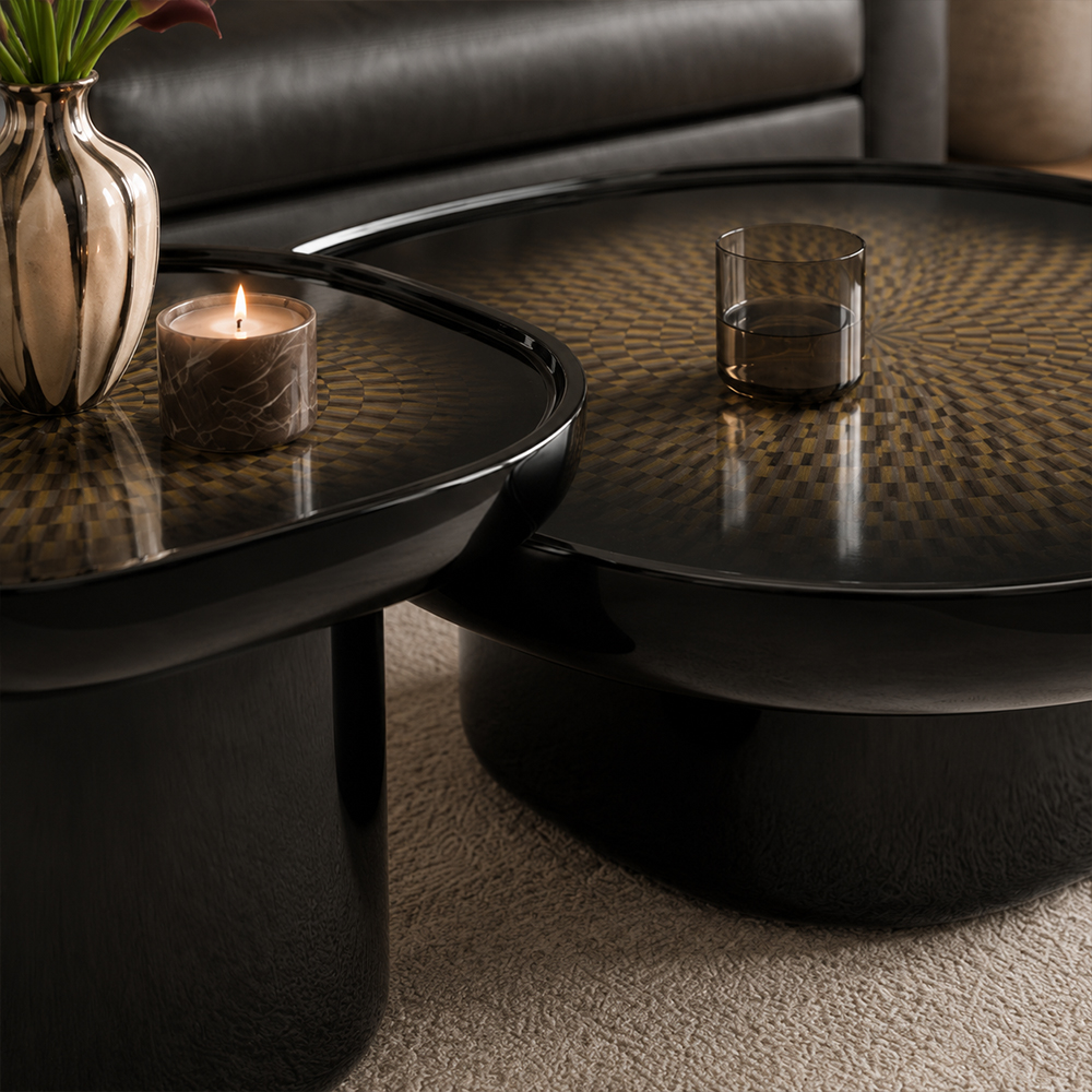 Contemporary Light Luxury Black Gloss Resin Nesting Oval Center Tables Set