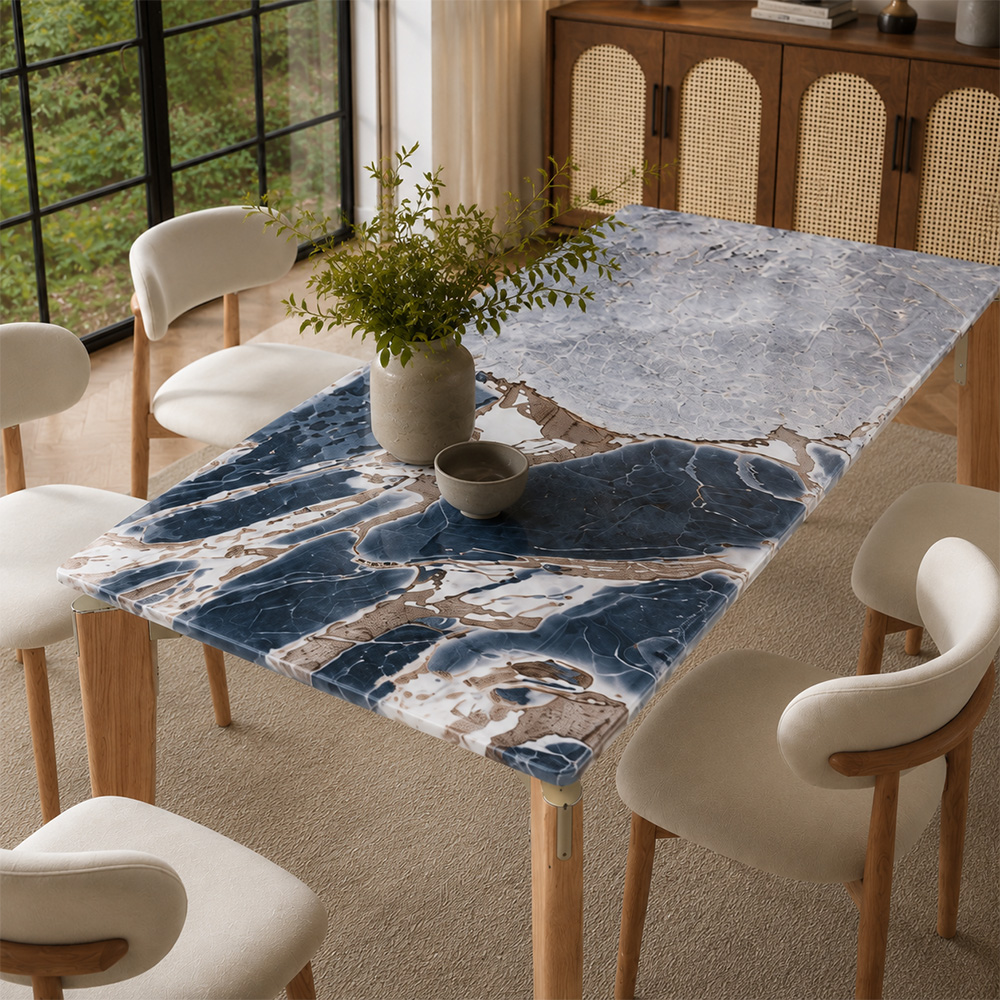 70.9" Coastal Rectangular Ocean Storm Marble Dining Table Solid Ash Wood Tapered Legs