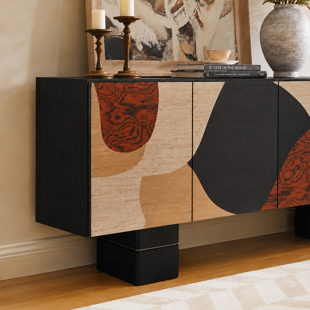 Large Capacity Four Door Abstract Inlay Elm Wood Storage Cabinet