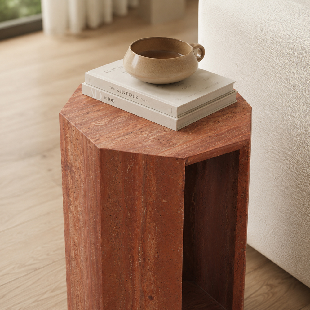 Raw Mineral Grain Natural Travertine Hollow End Side Table