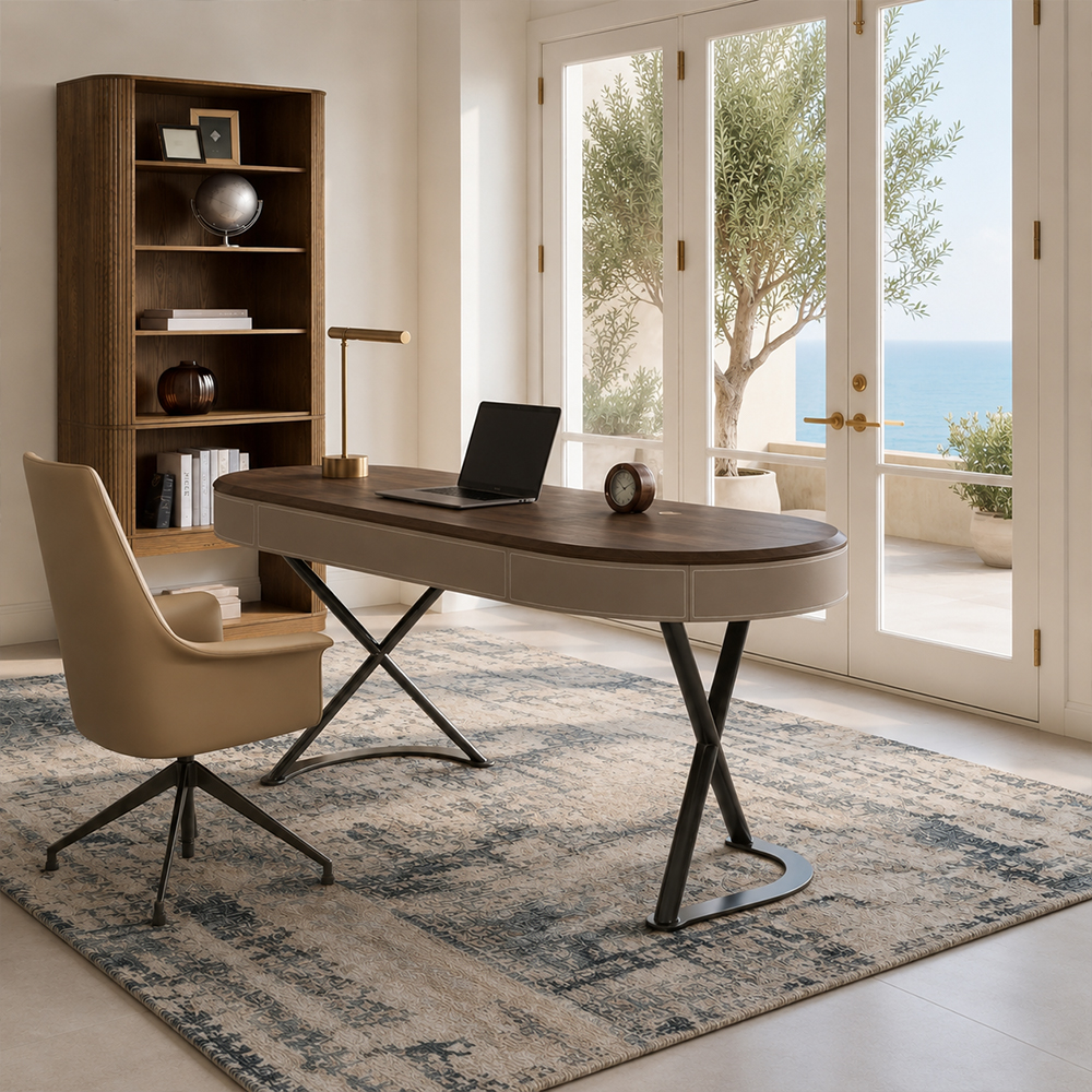 Curved Leather Trim Edge Solid Wood Stainless Steel Office Desk