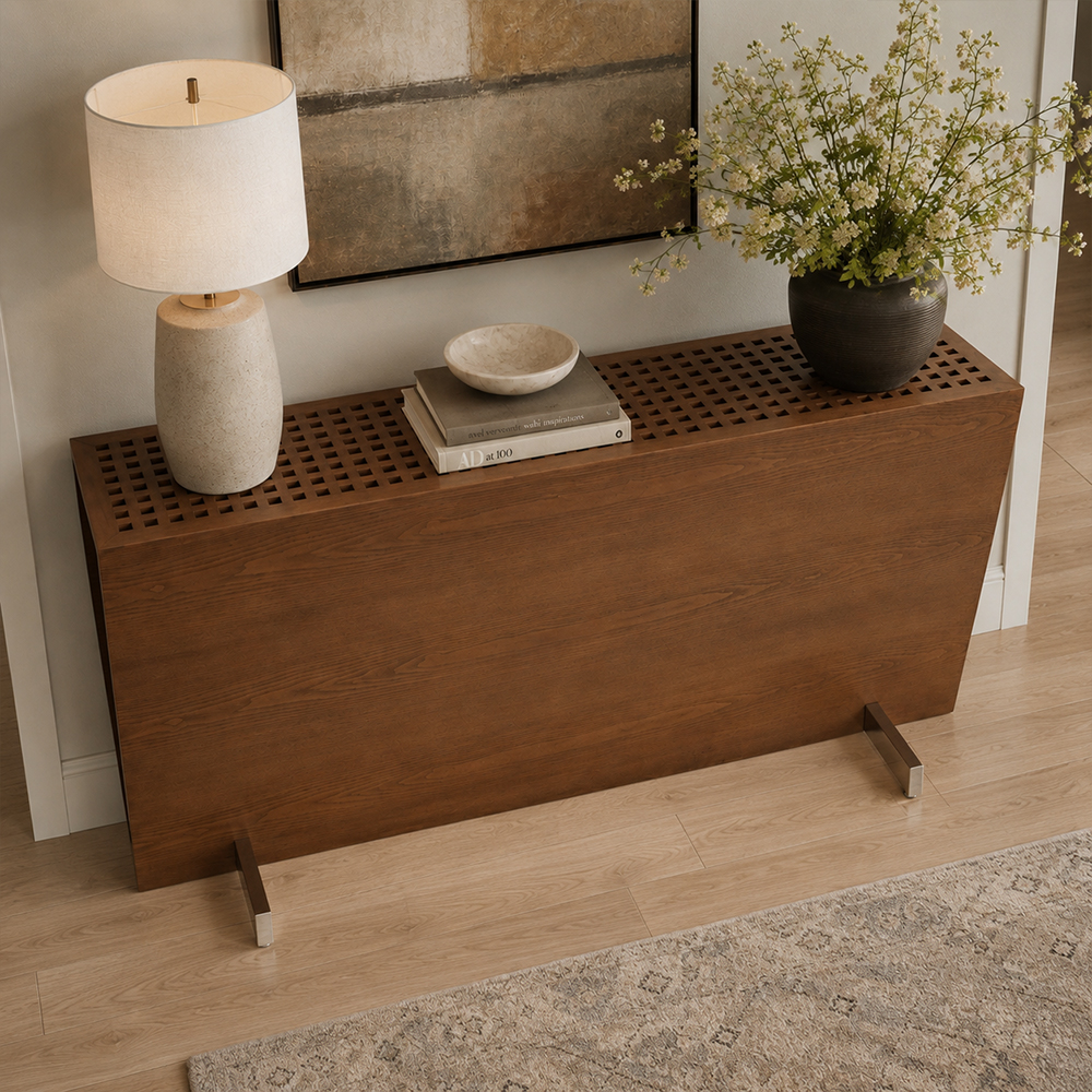 Ash Wood Veneer Trapezoid Shape Console Table