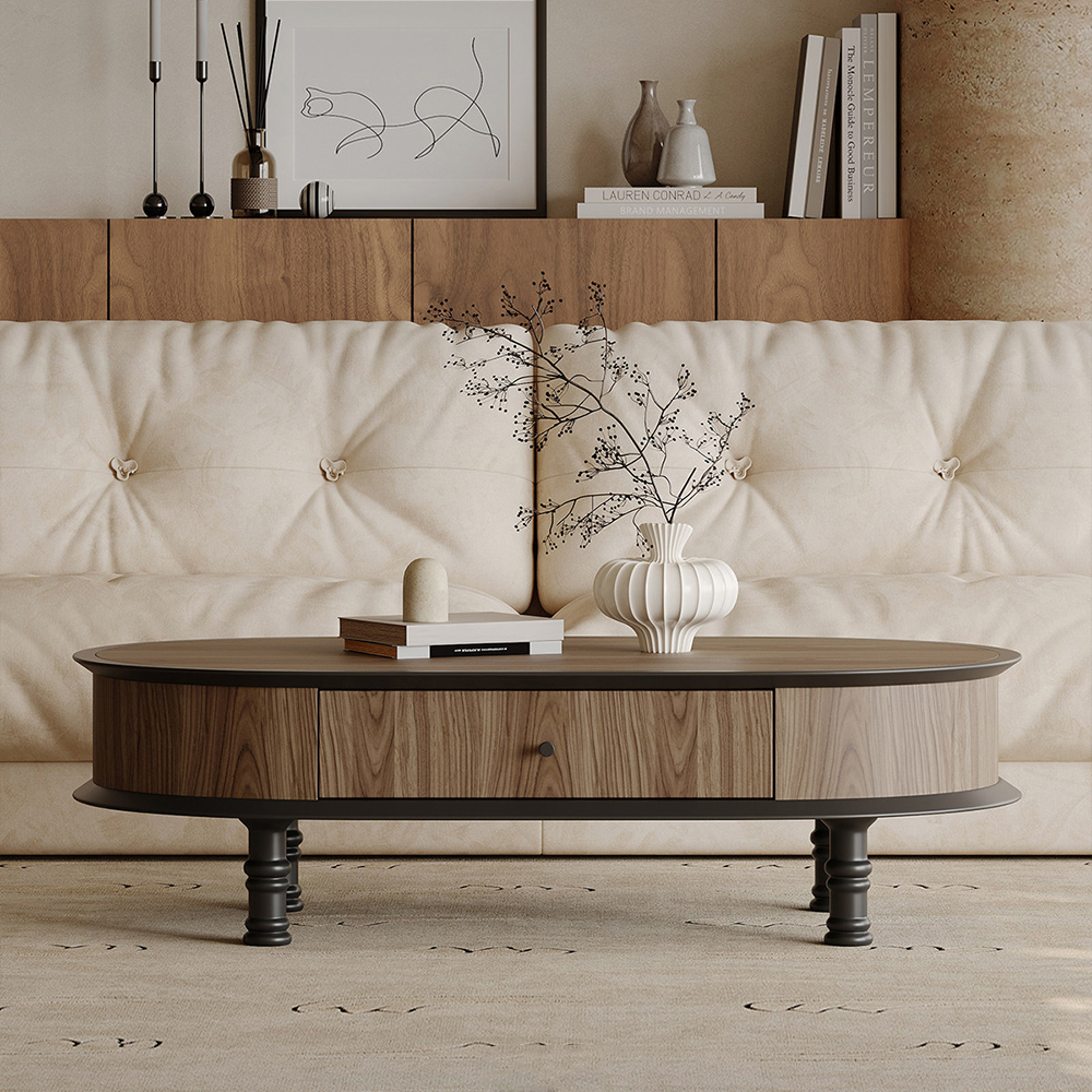 Oval Walnut Veneer Single Drawer Turned Black Leg Coffee Table