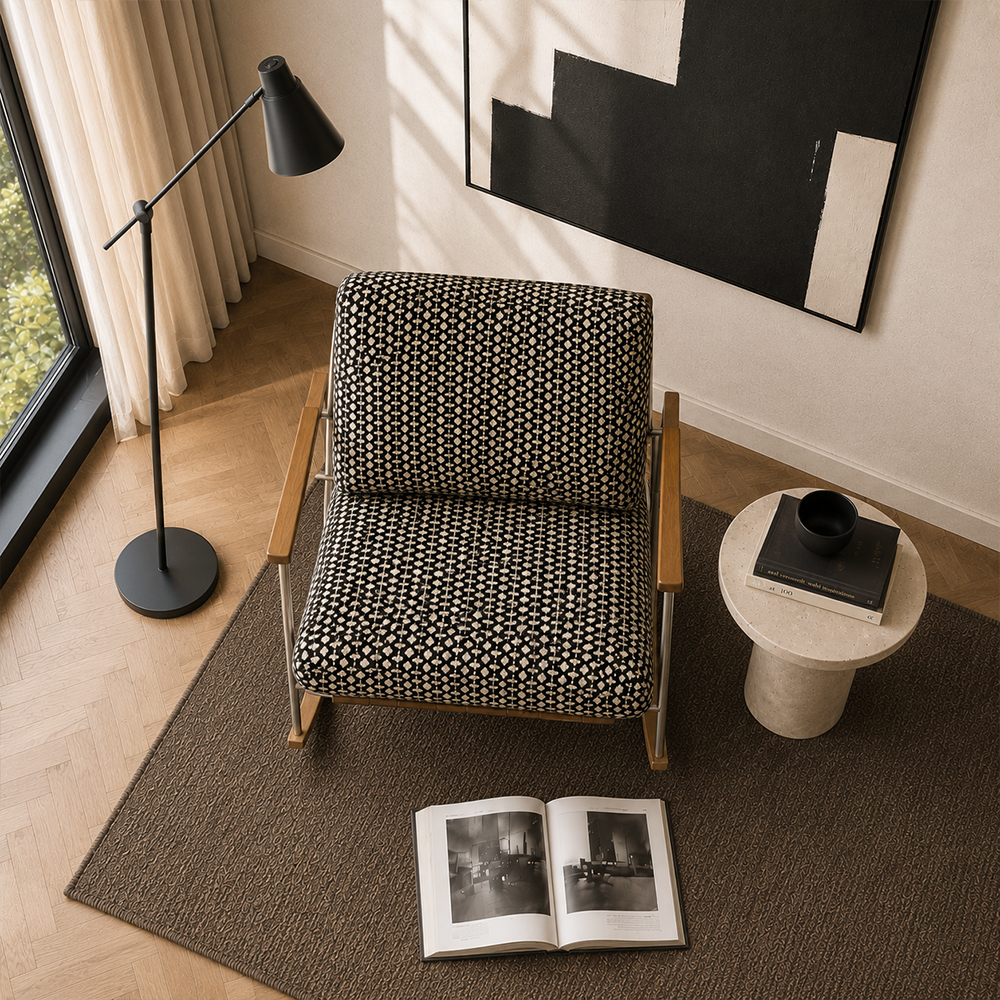 Geometric Woven Fabric Stainless Steel Wood Arm Rocking Accent Chair