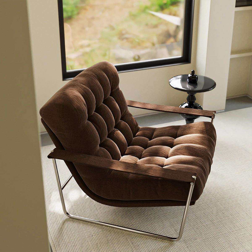Thick Brown Corduroy Grid Tufted Chrome Cantilever Lounge Chair