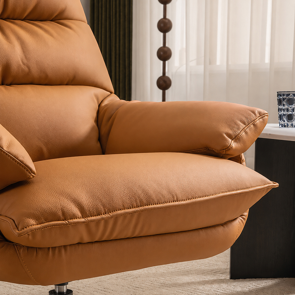 Modern Cognac Swivel Lounge Chair with High Back and Plush Cushions