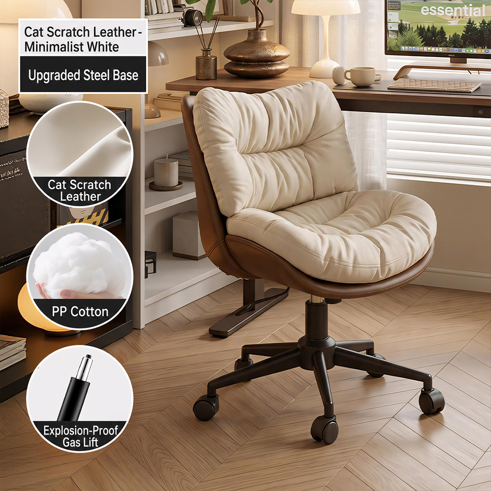 Modern Cream & Brown Tufted Swivel Office Chair with Rolling Base