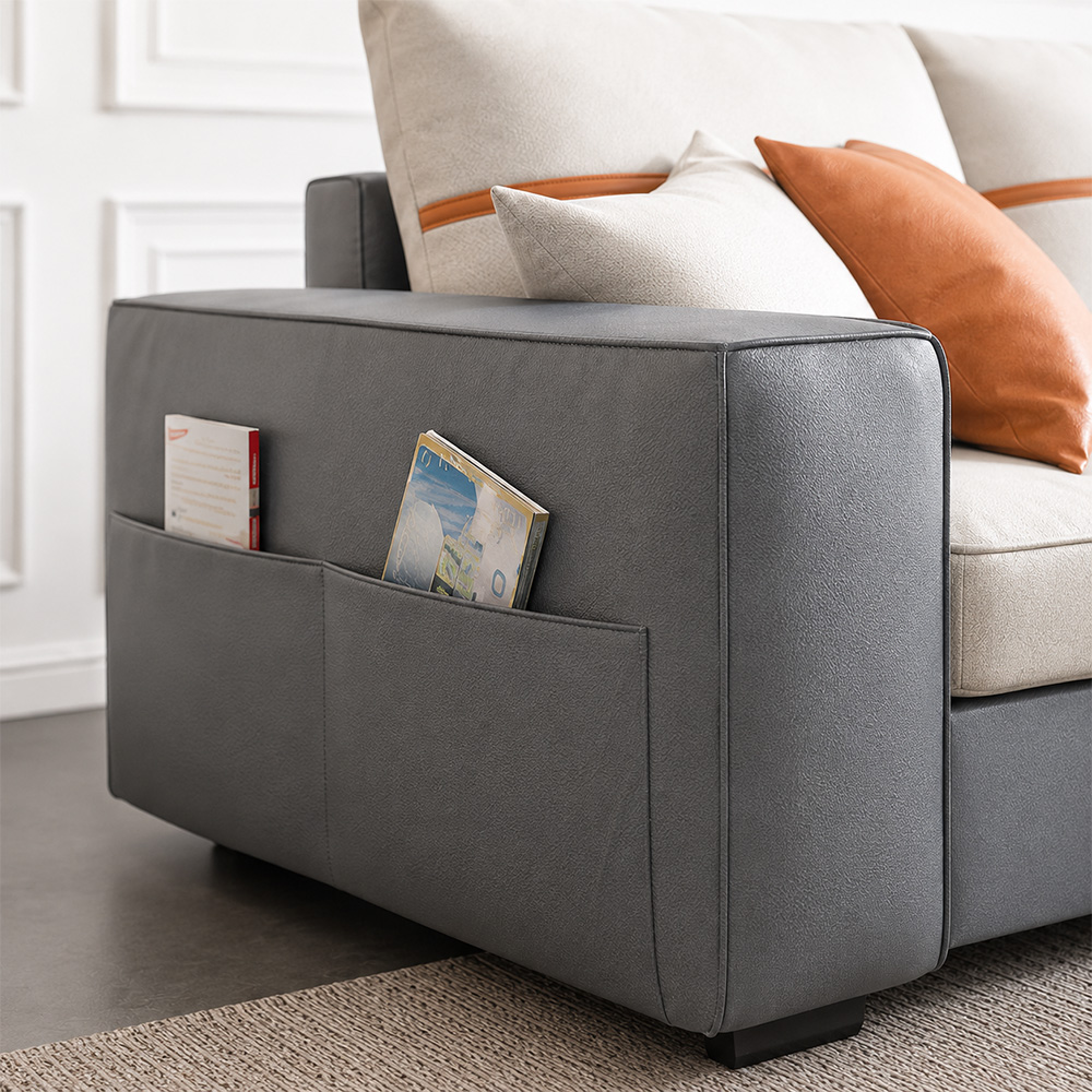 L Shaped Linen Cushion Microfiber Leather Pull Out Storage Sectional Sofa Bed