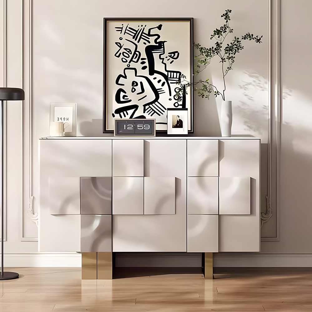  Marble Top Geometric Embossed Sideboard Cabinet