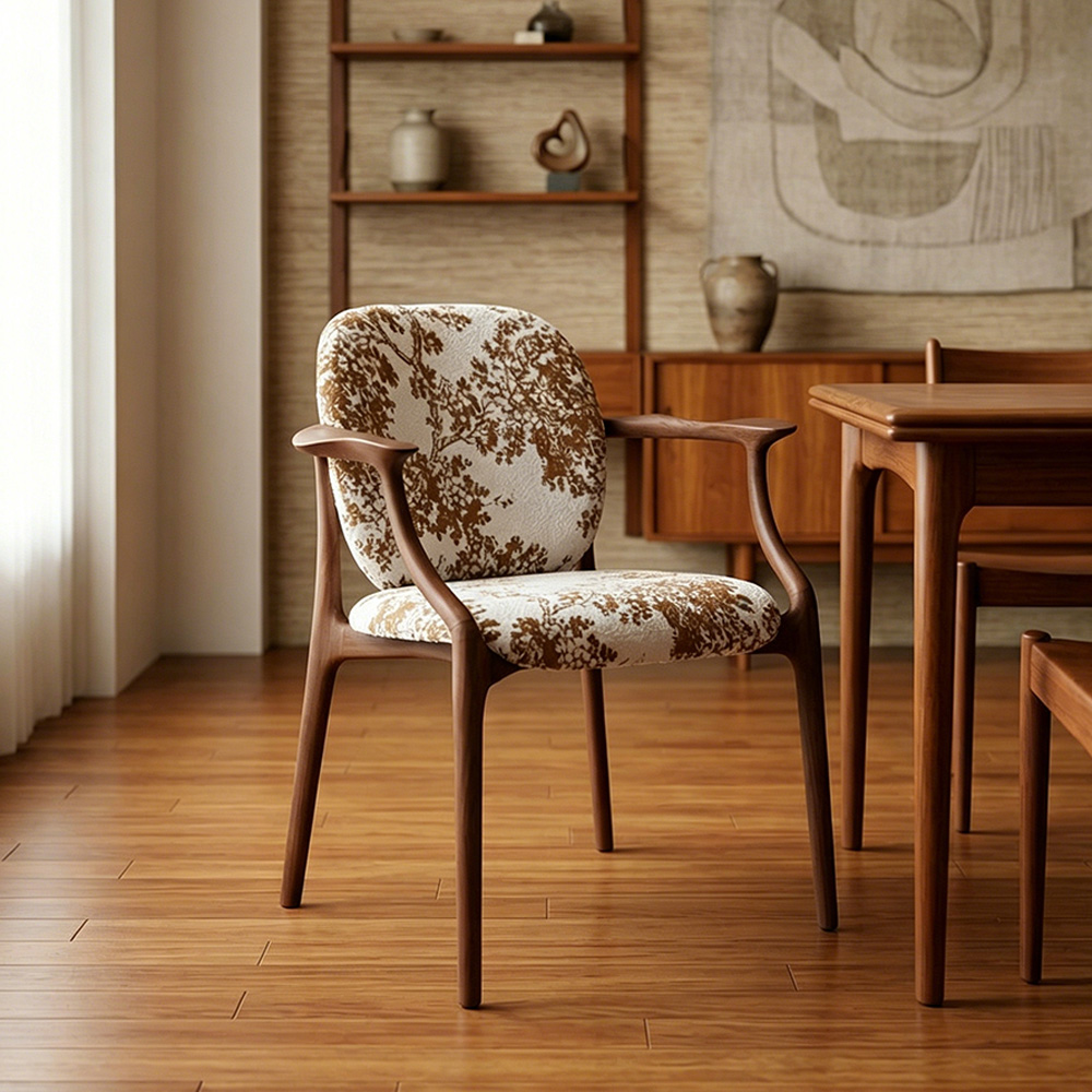 Tree Print Fabric Curved Solid Walnut Arm Mid Century Dining Chair 1 Piece