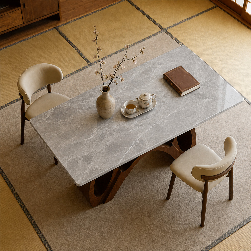 Modern Sintered Stone Dining Table Luxury Kitchen Table with Sculptural Walnut Wood Base for 4-6