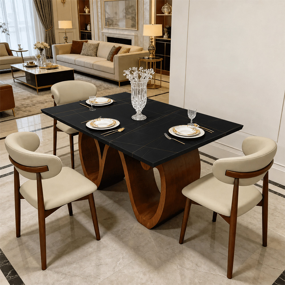 Modern Sintered Stone Dining Table with Sculptural Solid Wood Base Kitchen Table for 6