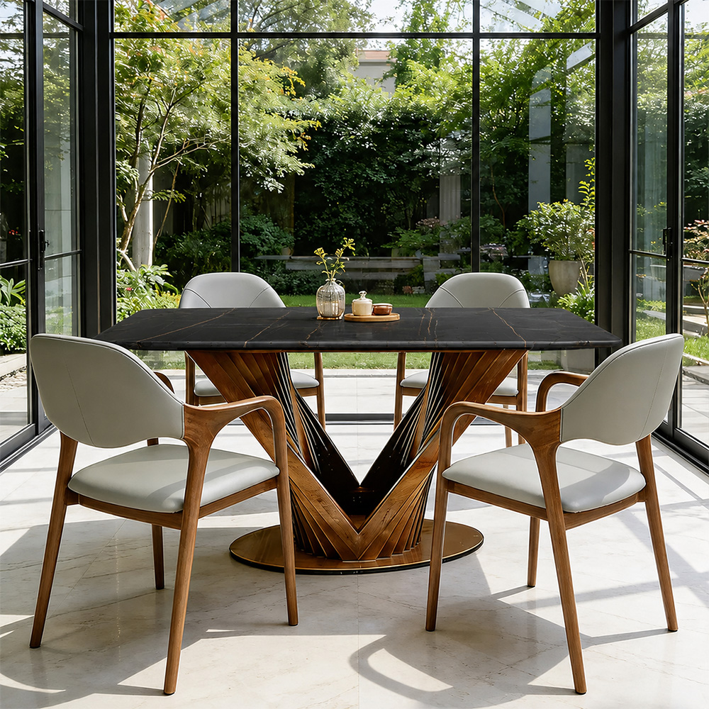 Luxury Sintered Stone Dining Table Kitchen Table With Artistic V-Shaped Solid Wood Base