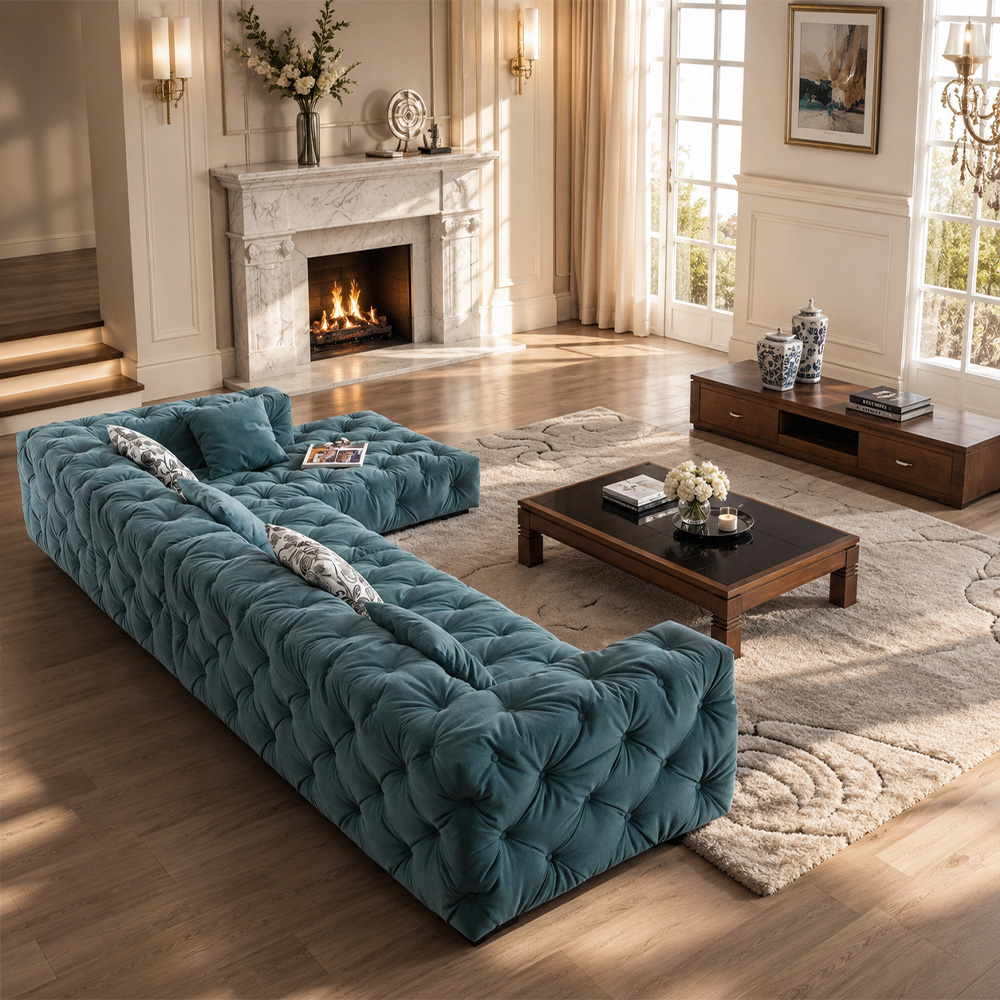 155.9" Two Tone Tufted Velvet Modular L Shape Sectional Sofa With Chaise For Luxury Villa