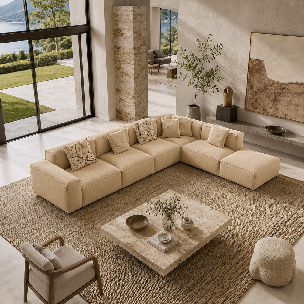 148.8“ Wabi Beige Linen Modular Sofa 3 Armless Seats Corner Footstool Set