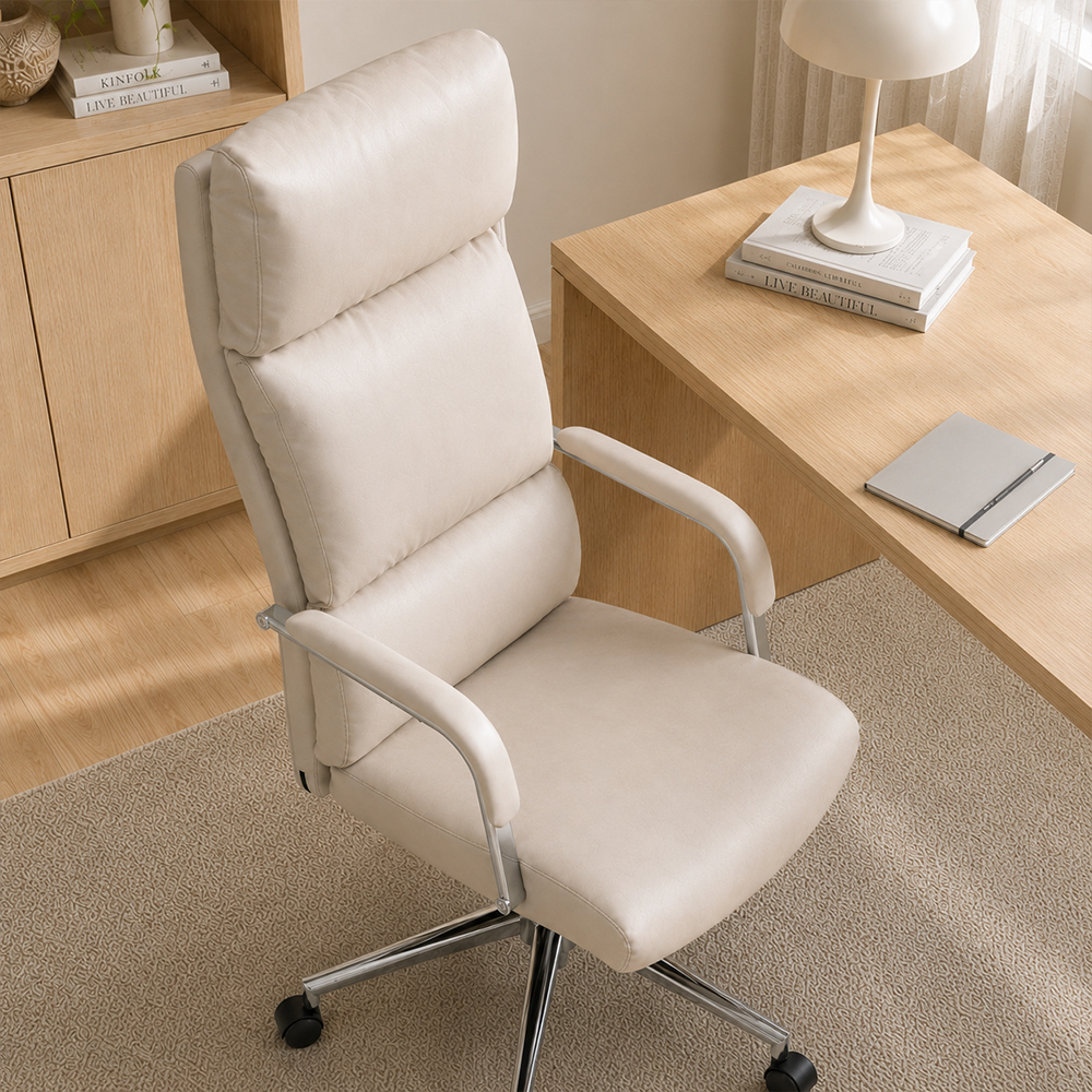 Modern Cream PU Leather Swivel Office Chair with Chrome Base