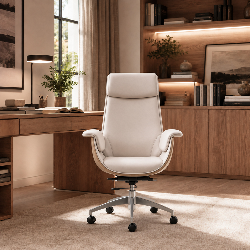 Cream PU Leather Executive Office Chair with Aluminum Base