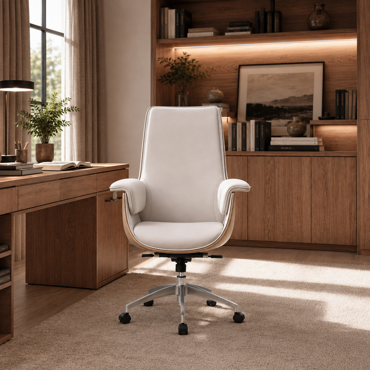 Cream PU Leather Office Chair with Dual-Function Tilt Mechanism