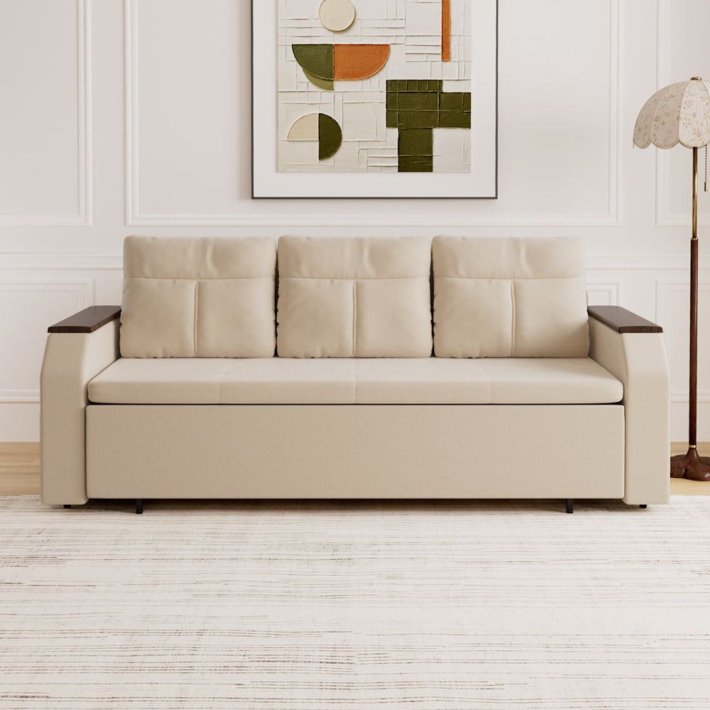 Beige modern convertible sofa bed with clean lines and soft upholstery, styled in a minimalist living room with neutral decor.