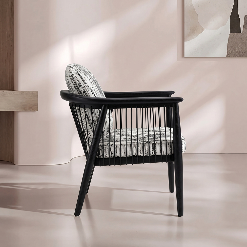 Modern Black Wooden Dining Chair with Armrests Minimalist Striped Upholstered Dining Armchair 1 Piece