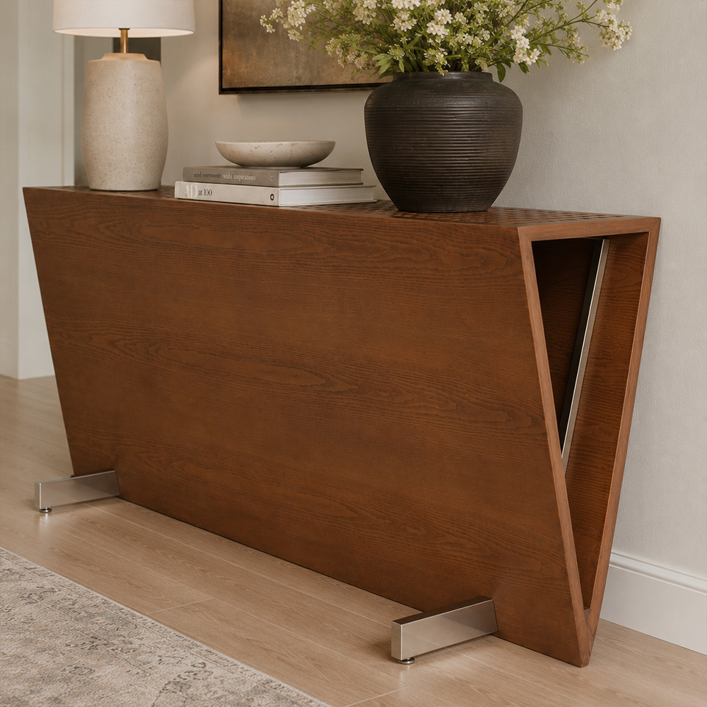 Ash Wood Veneer Trapezoid Shape Console Table