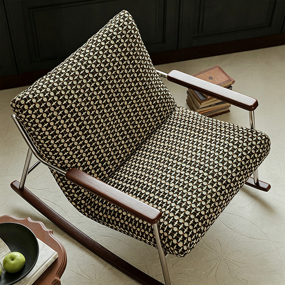 Geometric Woven Fabric Stainless Steel Wood Arm Rocking Accent Chair