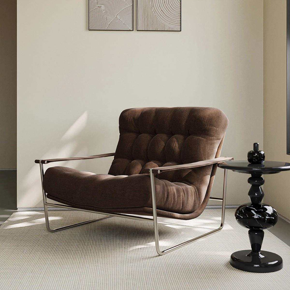 Thick Brown Corduroy Grid Tufted Chrome Cantilever Lounge Chair