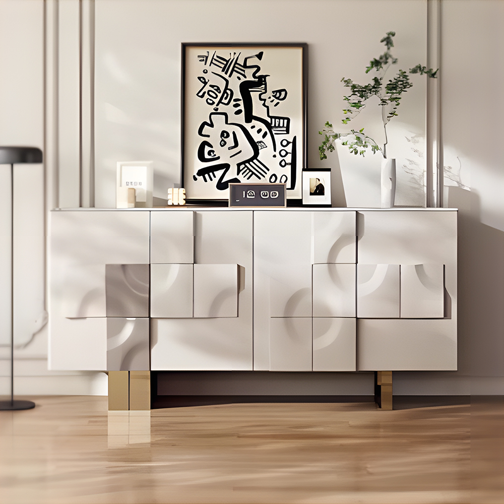  Marble Top Geometric Embossed Sideboard Cabinet