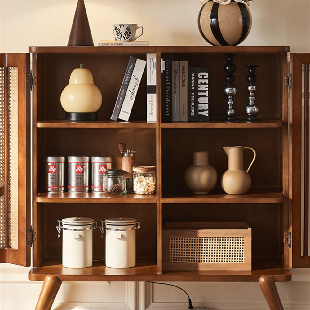 Wood Rattan Slatted Door Adjustable Storage Accent Cabinet