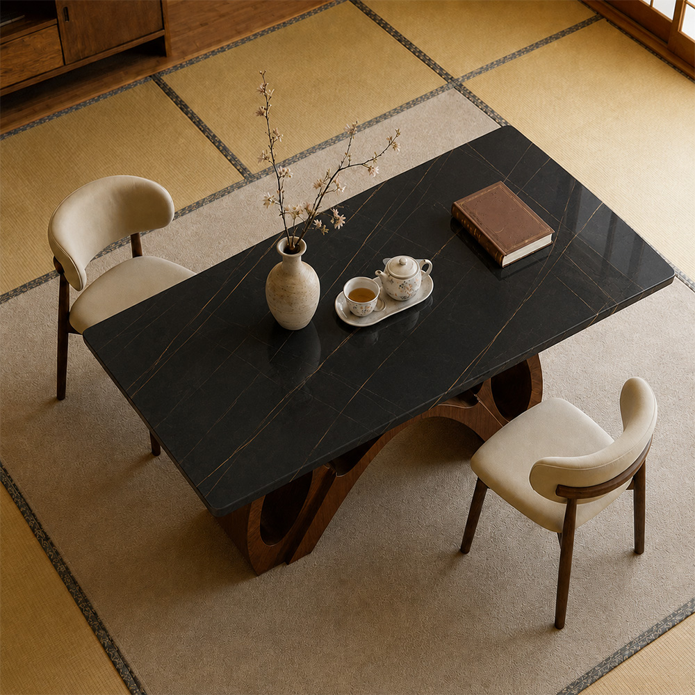 Modern Sintered Stone Dining Table Luxury Kitchen Table with Sculptural Walnut Wood Base for 4-6