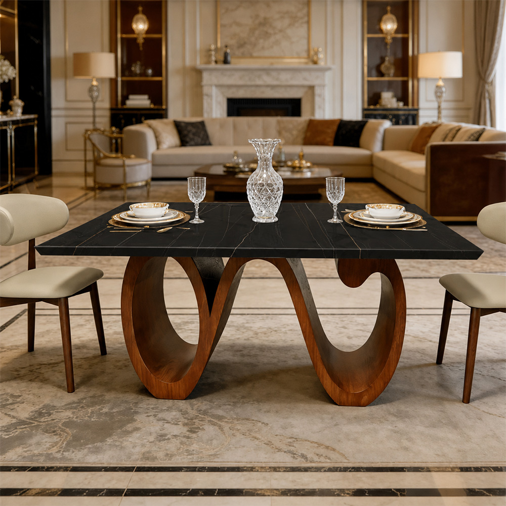 Modern Sintered Stone Dining Table with Sculptural Solid Wood Base Kitchen Table for 6