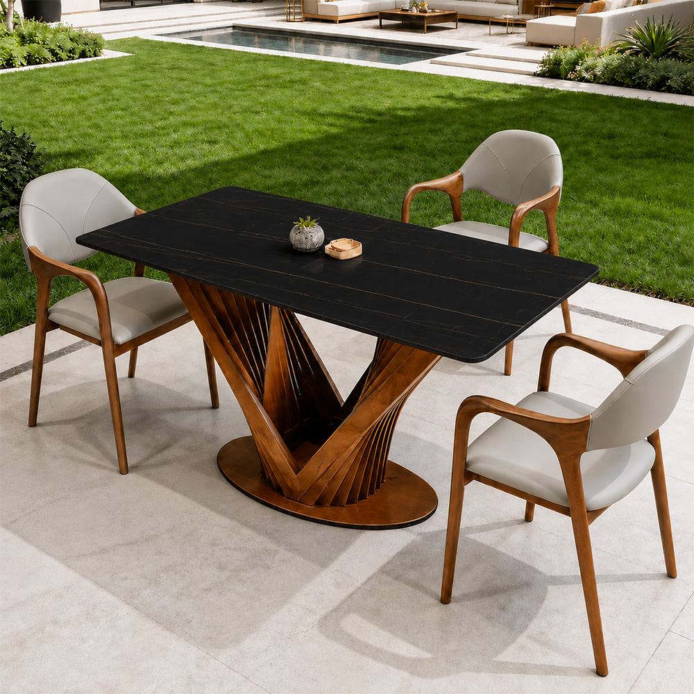 Luxury Sintered Stone Dining Table Kitchen Table With Artistic V-Shaped Solid Wood Base