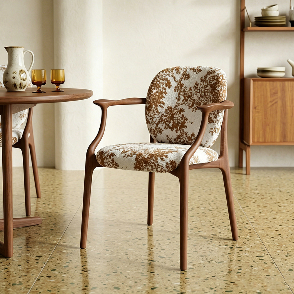 Tree Print Fabric Curved Solid Walnut Arm Mid Century Dining Chair 1 Piece