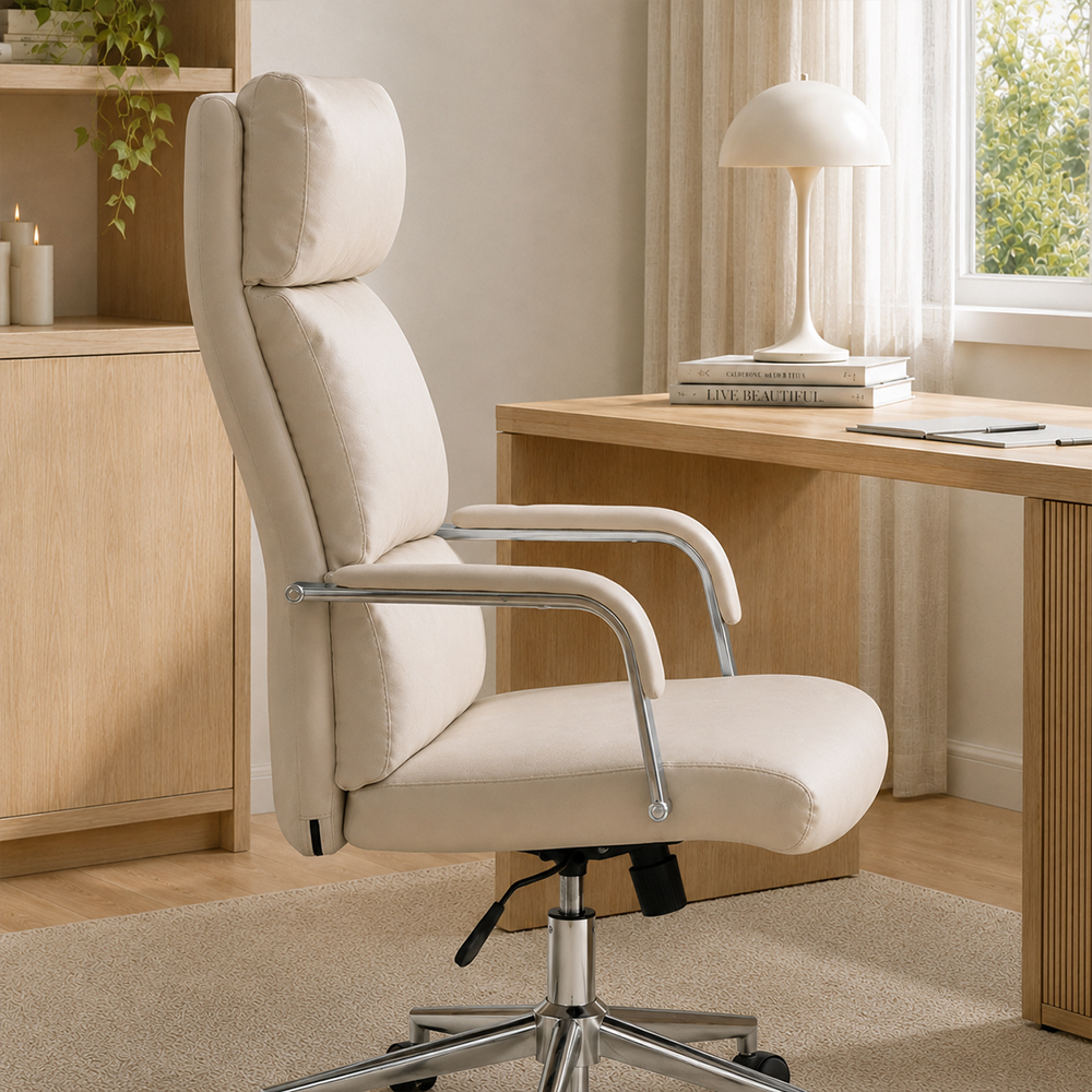 Modern Cream PU Leather Swivel Office Chair with Chrome Base