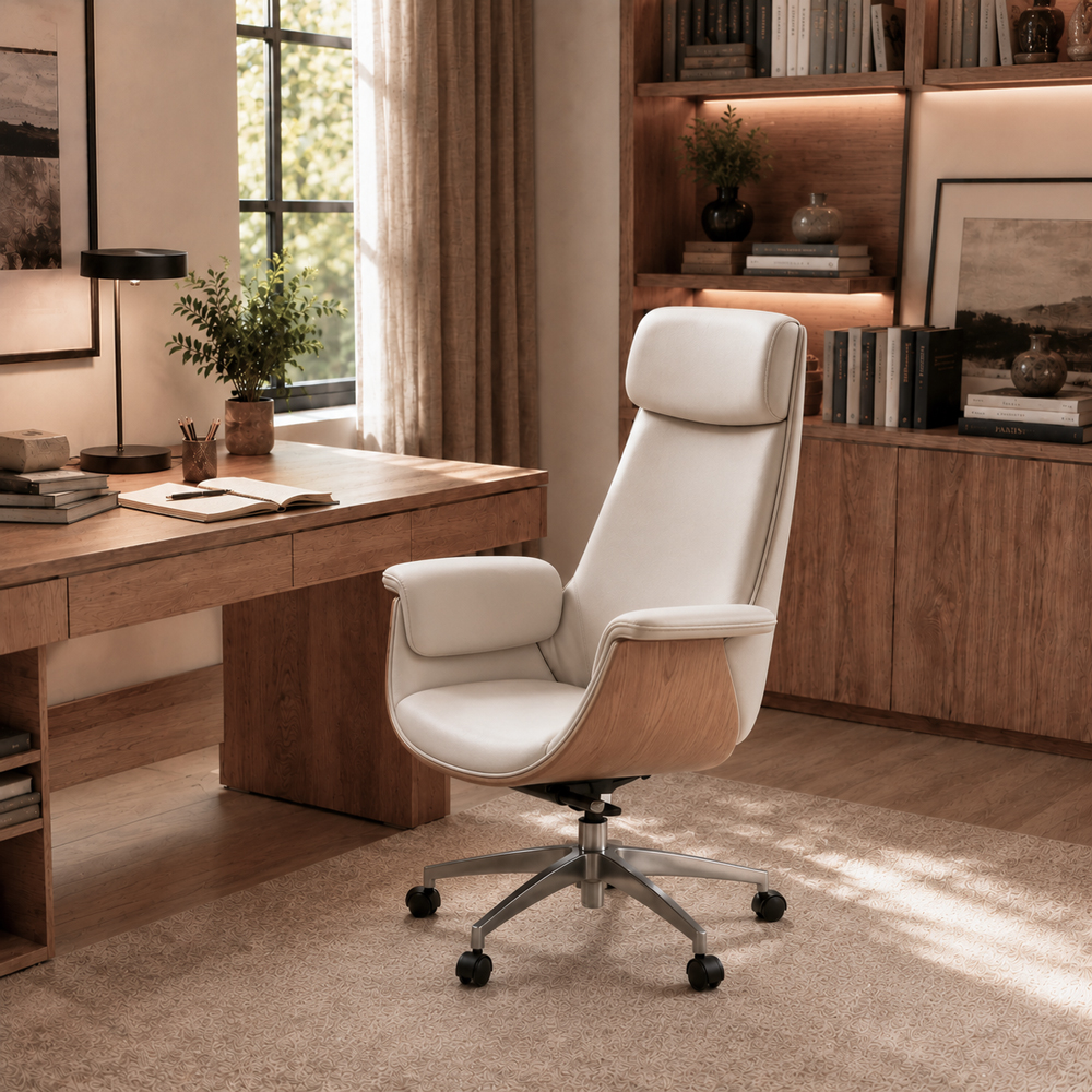 Cream PU Leather Executive Office Chair with Aluminum Base