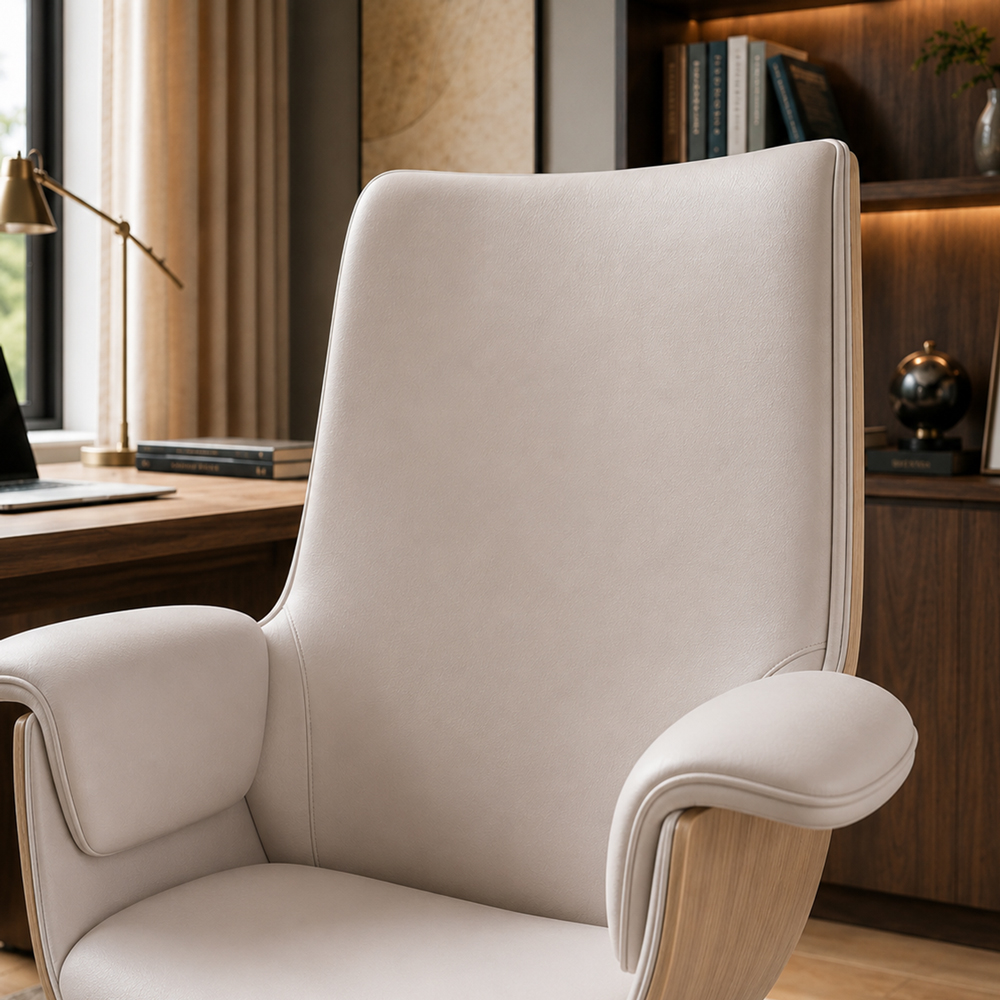 Cream PU Leather Office Chair with Dual-Function Tilt Mechanism