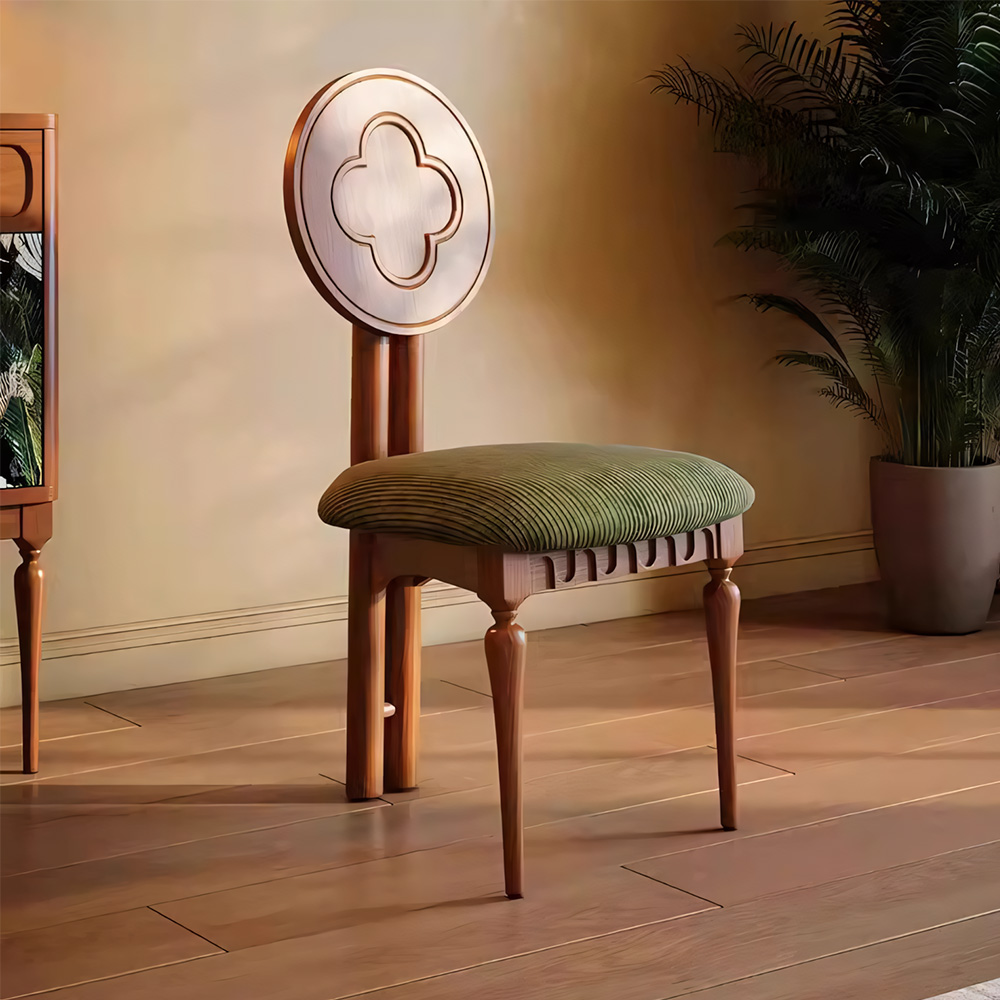 Retro Turned Leg Striped Corduroy Padded Seat Wood Dining Side Chair 1 Piece