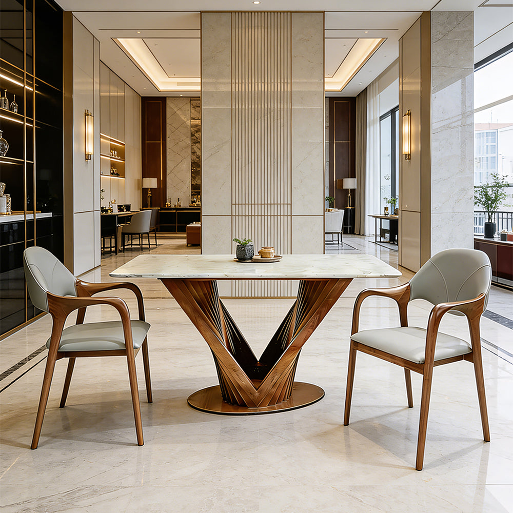 Luxury Sintered Stone Dining Table Kitchen Table With Artistic V-Shaped Solid Wood Base